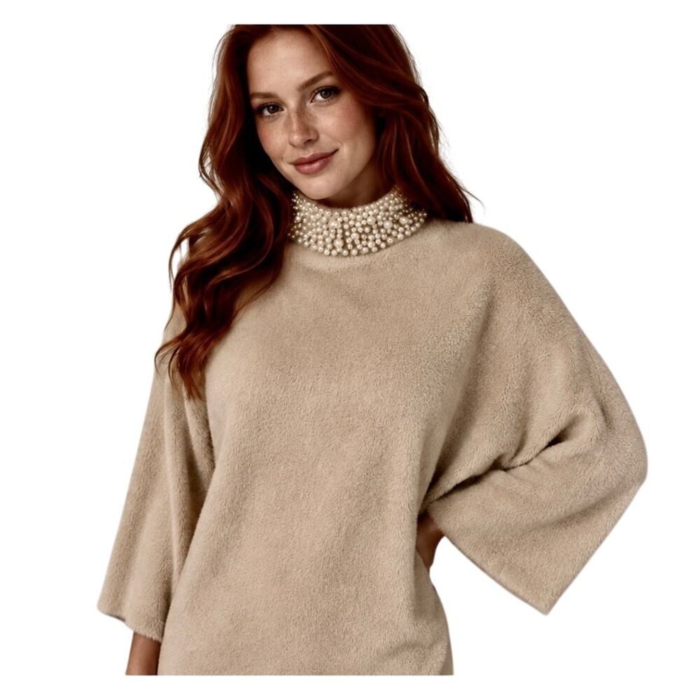 Queenia Mink Cashmere Blend Pearl Beaded Fluffy Sweater Bell Sleeve Retro Pinup